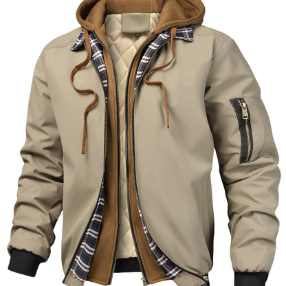 Herren Bomberjacke mit Kapuze Steppfutter Kariert Beige