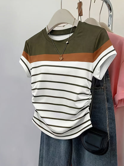 Women's striped T-shirt with ruching – Elegant casual style for summer