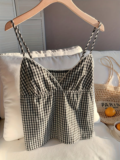 Women's Vintage-Style Checkered Strap Top for Casual and Summer Wear