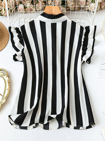 Women's Elegant Striped Blouse with Bow Collar and Ruffled Sleeves – Fashionable Top for Office & Everyday Wear