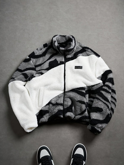 Unisex fleece jacket with stand-up collar, zipper, and animal print