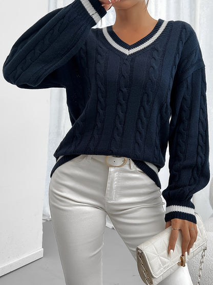 Damen Zopfstrick Pullover V-Ausschnitt Gestreifte Ärmel