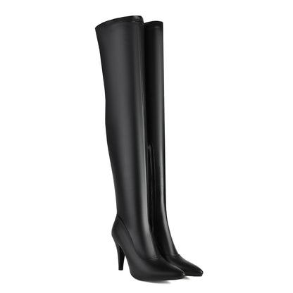 Black over-the-knee boots for women with high heels and pointed toes