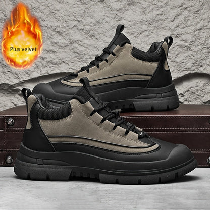 Men's sneakers, mid-top shaft, black and khaki, sturdy sole, lace-up closure