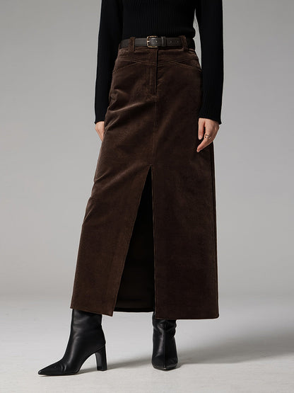 Damen Maxirock aus Kordstoff mit Schlitz Braun