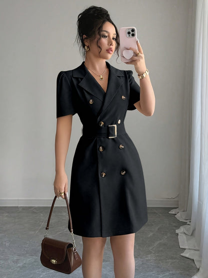 Women's Elegant Blazer Dress with Belt and Short Sleeves – Business & Occasion Wear