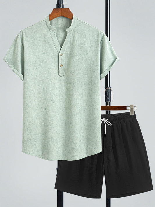 Men's Two-Piece Casual Set with Henley Shirt and Shorts – Modern Summer Outfit for Vacation & Everyday Wear