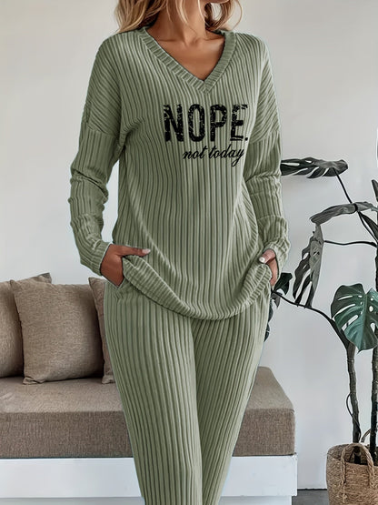 Ribbed women’s two-piece set with a V-neck top featuring lettering and wide-leg pants