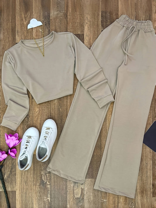 Zweiteiler Lounge Set Damen Crop Top & Weite Hose Beige