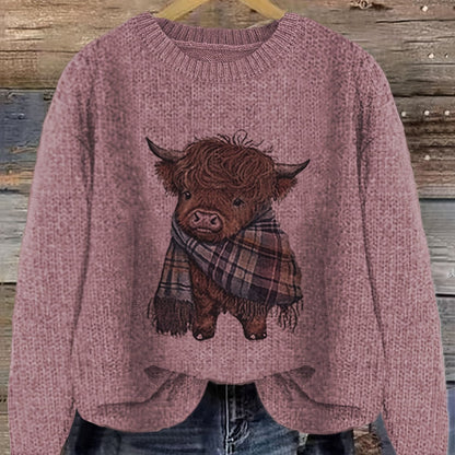 Women's Crew Neck Highland Cow Graphic Pullover Sweater