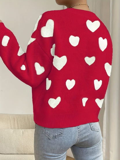 Women's sweater with heart pattern, crew neck, long-sleeve knit sweater