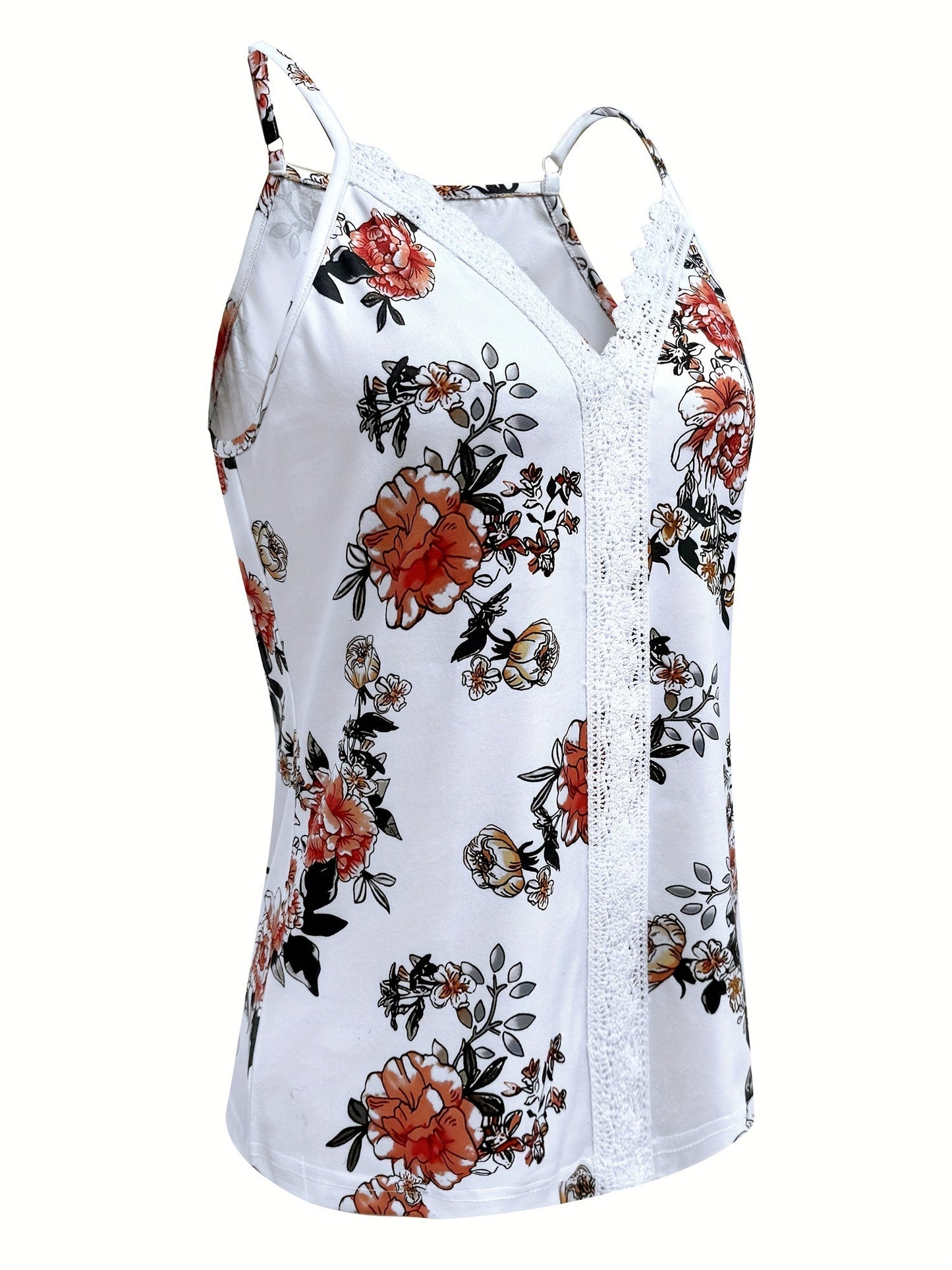 Damen Spaghettiträger Top mit Spitze und Blumenprint – Sommer Freizeit Elegant