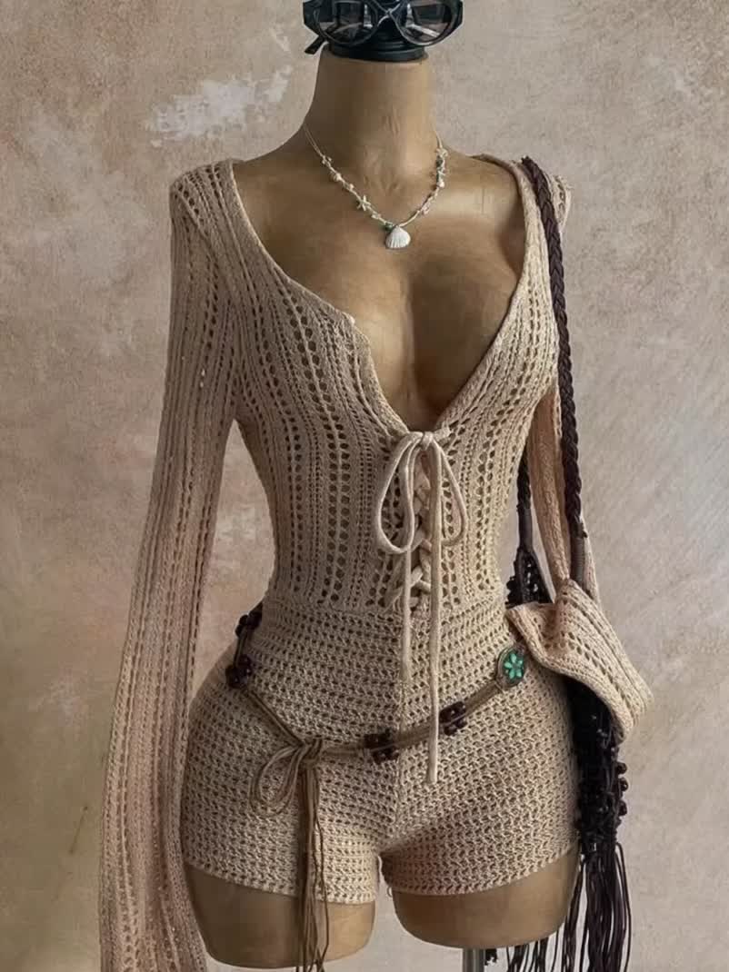 Women's Boho One-Piece with Crochet Pattern and Deep Neckline – Perfect for Beach, Vacation & Summer Parties