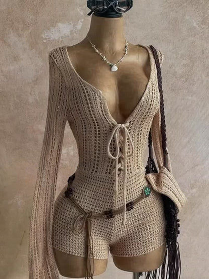 Women's Boho One-Piece with Crochet Pattern and Deep Neckline – Perfect for Beach, Vacation & Summer Parties