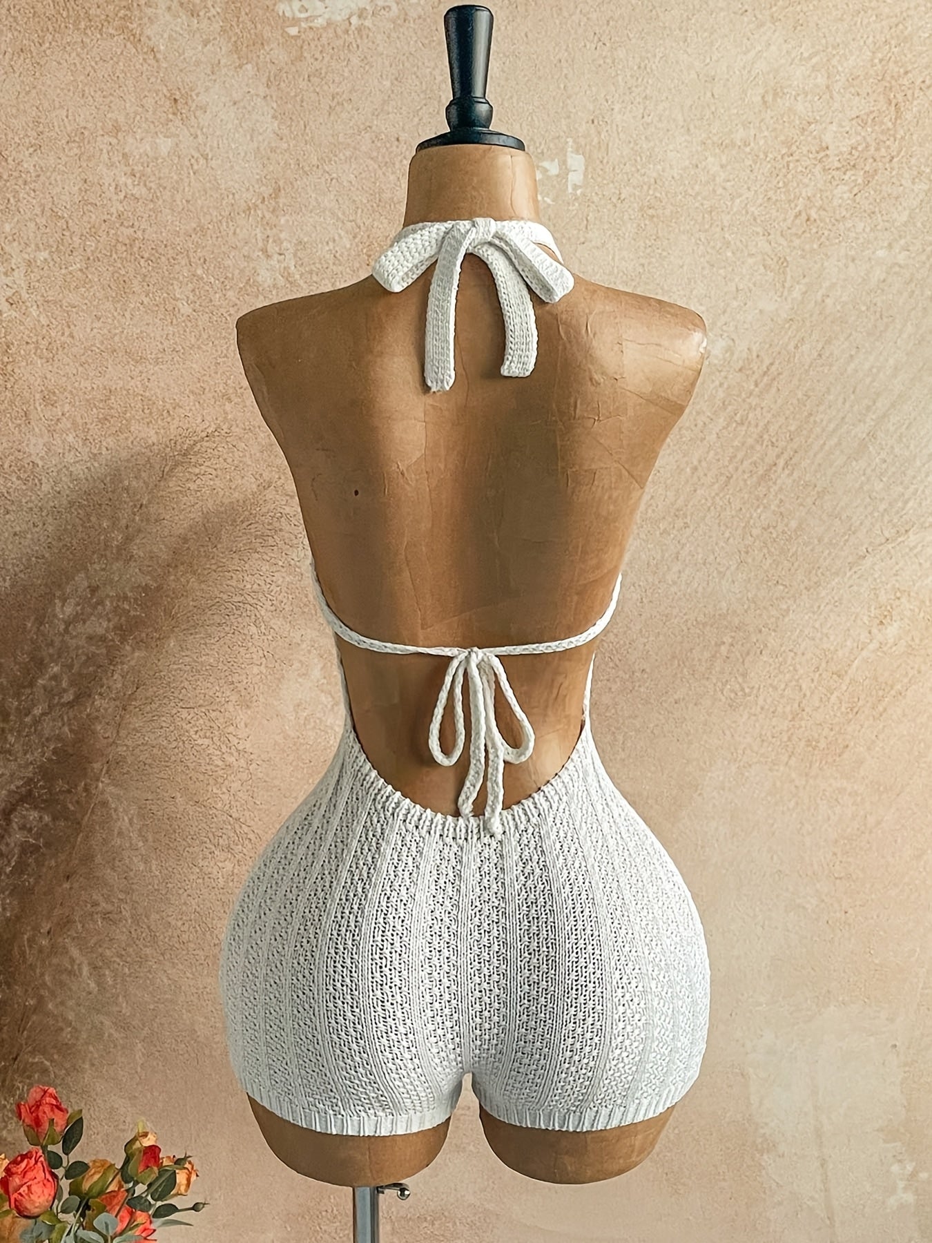Women's Crochet Beach Jumpsuit with V-Neck and Halter Straps – Boho Summer Jumpsuit for Vacation & Leisure
