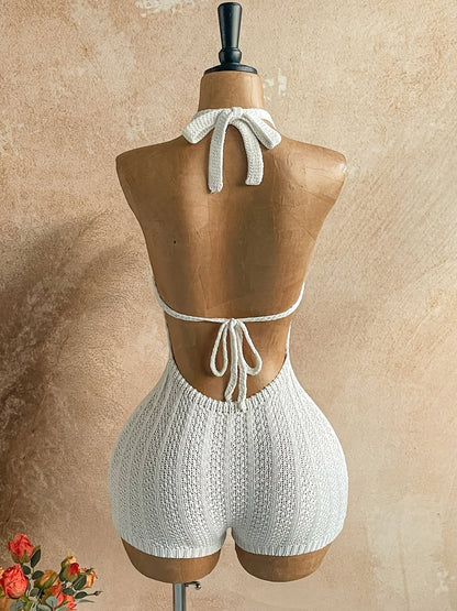 Women's Crochet Beach Jumpsuit with V-Neck and Halter Straps – Boho Summer Jumpsuit for Vacation & Leisure