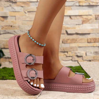 Women's platform sandals with double straps and sparkling buckles – fashionable summer shoes for everyday and leisure use
