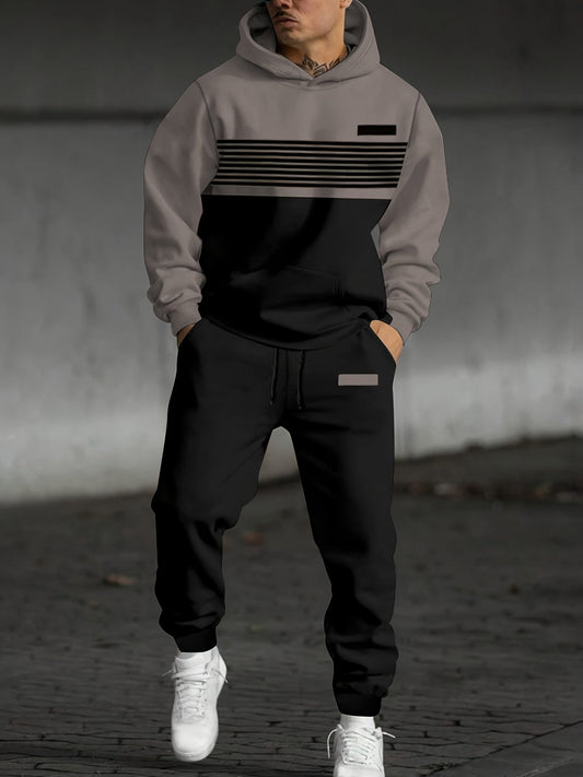 Men's two-piece tracksuit with hoodie and pants, striped color-block design