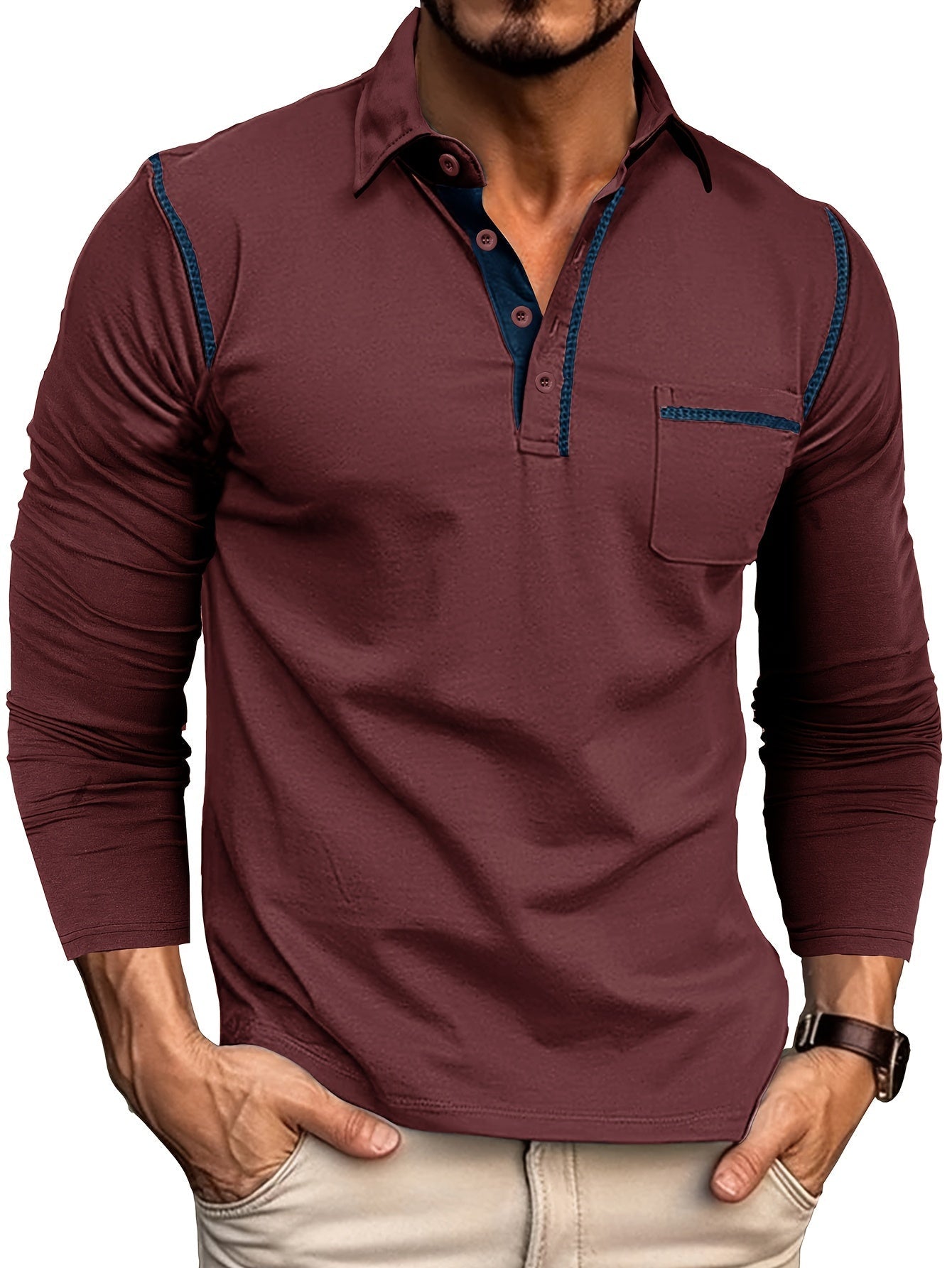 Men's long-sleeve polo shirt with chest pocket and contrast stitching