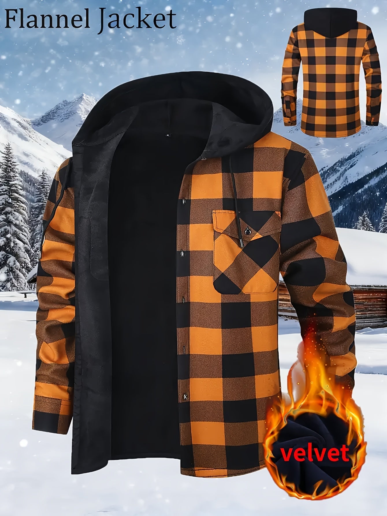 Men's checked flannel shirt with hood, lined, warm casual jacket, long sleeve