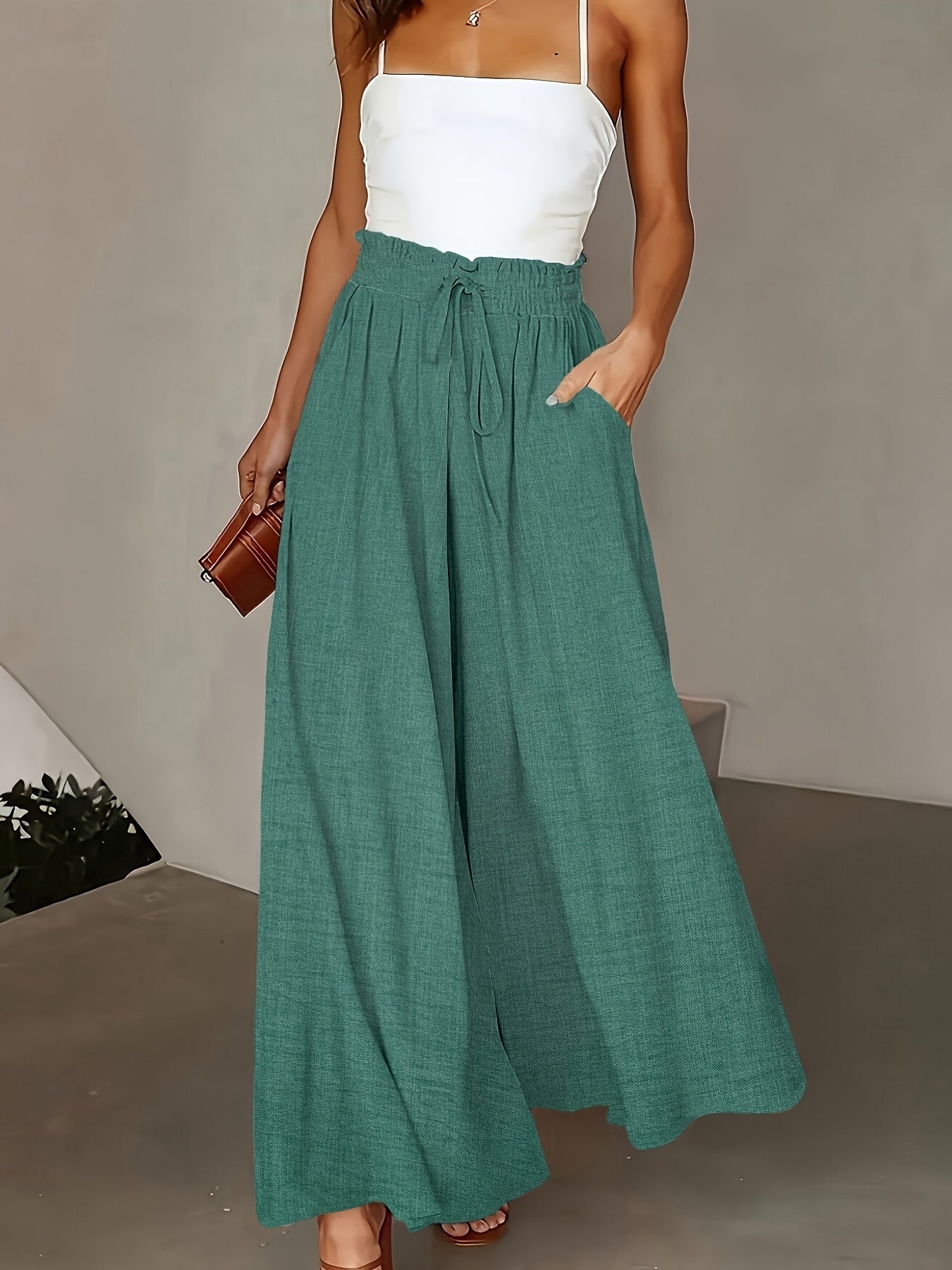 Women's Elegant Wide High Waist Palazzo Pants with Pockets – Perfect for Office & Leisure