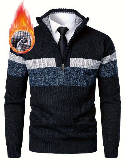 Men's knitted sweater with a stand-up collar and zipper, striped, softly lined inside