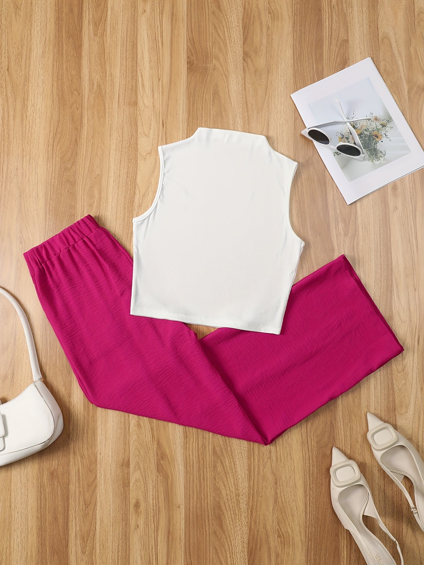 Women's Elegant Set – Sleeveless Top with Stand Collar and Pants, Perfect for Spring & Summer
