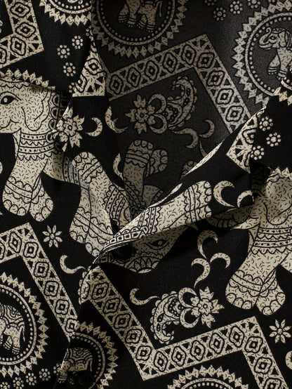 Men's Resort Shirt with Elephant and Mandala Print, Short Sleeve, Casual and Summer Style