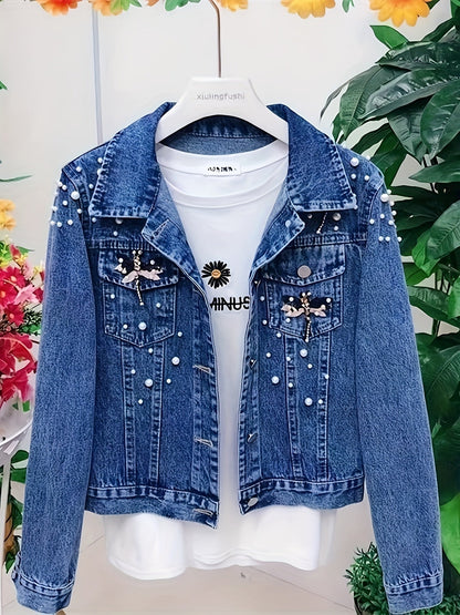 Women's denim jacket with blue pearl embellishments