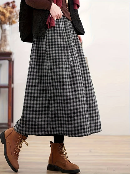 Damen Karierter Midi-Rock mit Faltenrock-Optik in Schwarz-Grau