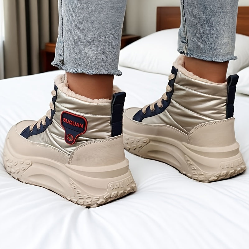 Women's winter boots, warm-lined beige high-top sneakers