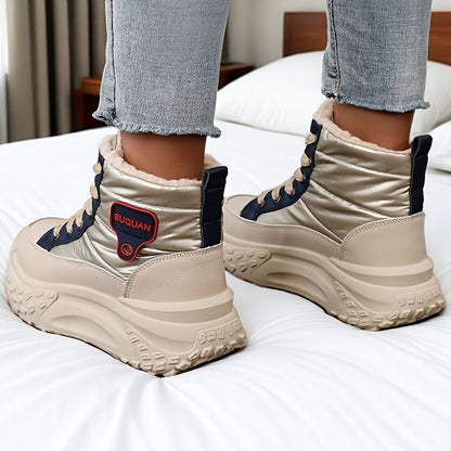 Women's winter boots, warm-lined beige high-top sneakers