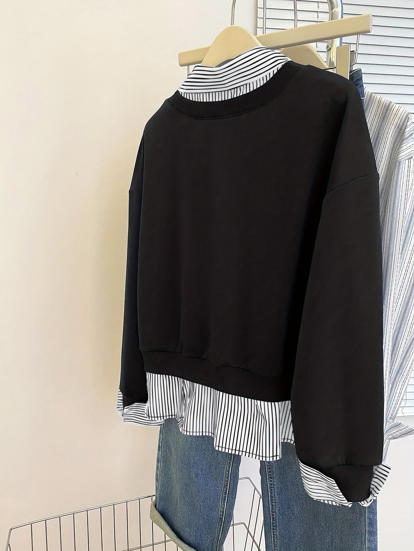 Damen Layering-Sweatshirt mit Hemdeinsatz, Baumwollmischung, Langarm