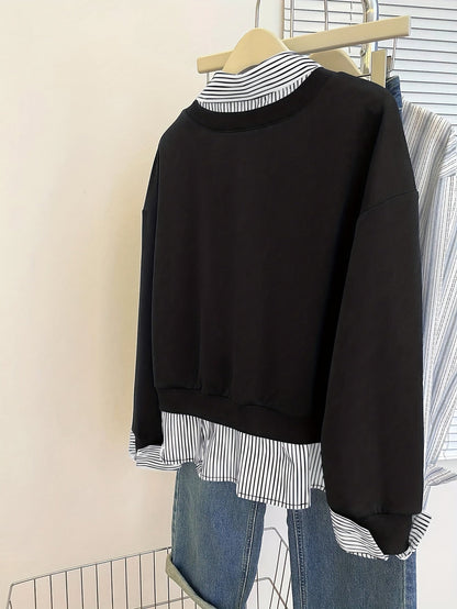 Damen Layering-Sweatshirt mit Hemdeinsatz, Baumwollmischung, Langarm