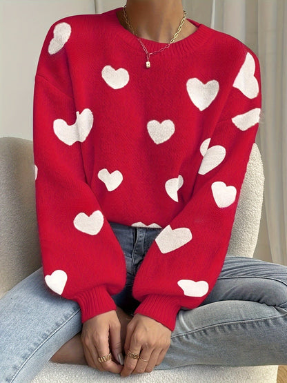 Women's sweater with heart pattern, crew neck, long-sleeve knit sweater