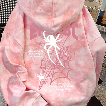 Pink tie-dye hoodie with spider print and hood