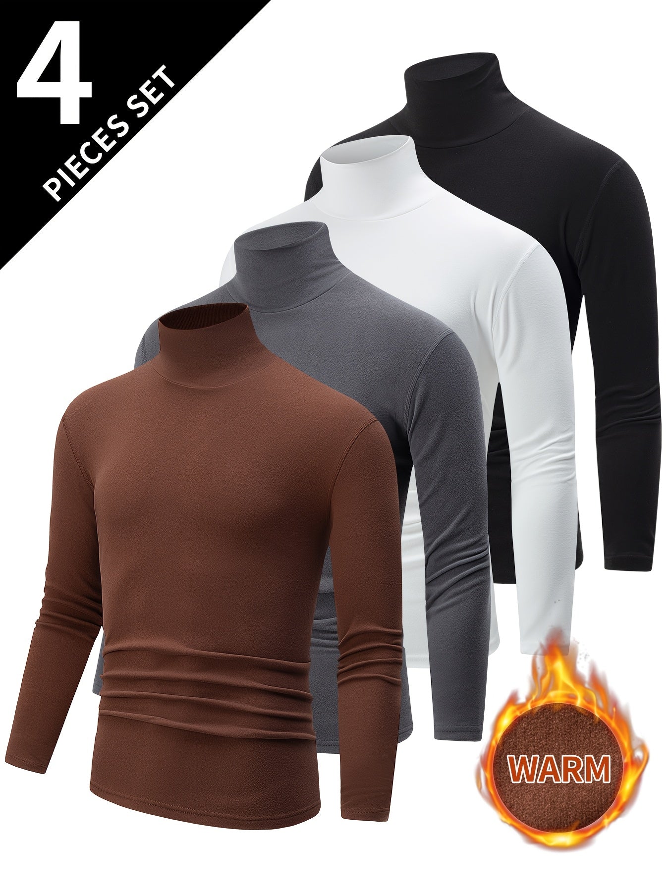Herren Rollkragenpullover Langarm Slim Fit Basic Top im 4er-Set - Schwarz, Weiß, Grau, Hellblau