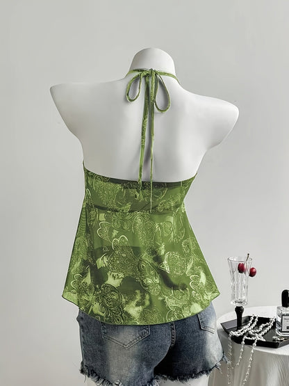 Women's Halterneck Top with Ruffles and Romantic Pattern – Ideal for Casual Wear and Summer