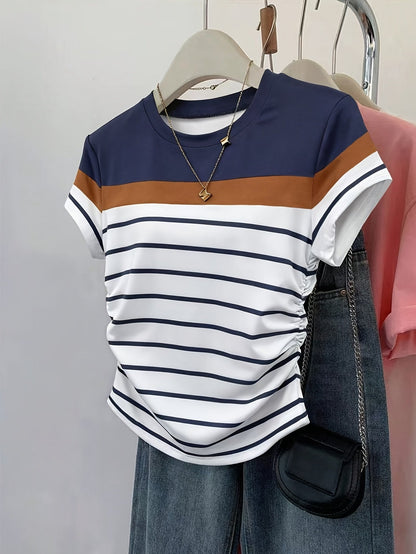 Women's striped T-shirt with ruching – Elegant casual style for summer