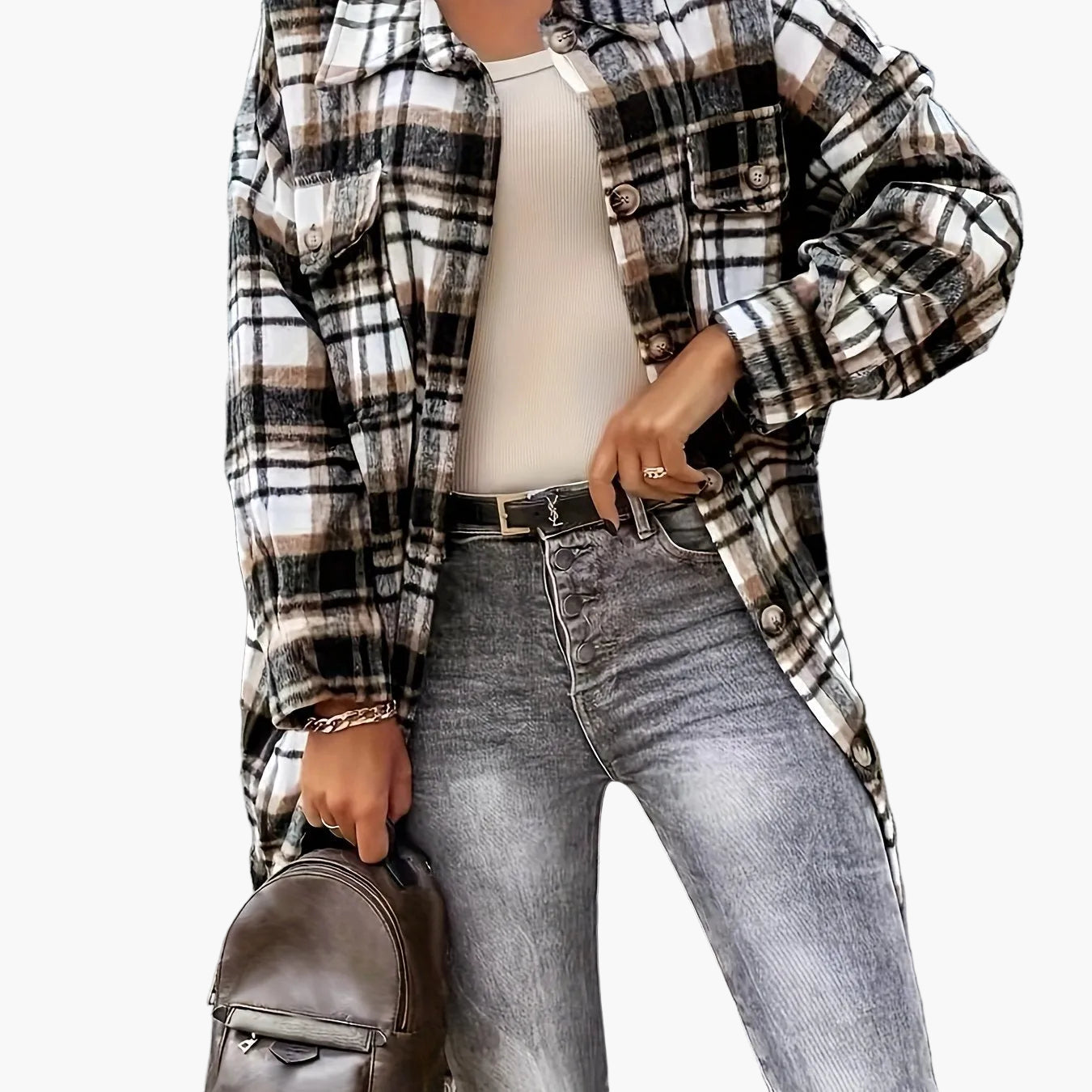 Women's Long Checked Oversize Shacket in Casual Look for Spring and Autumn
