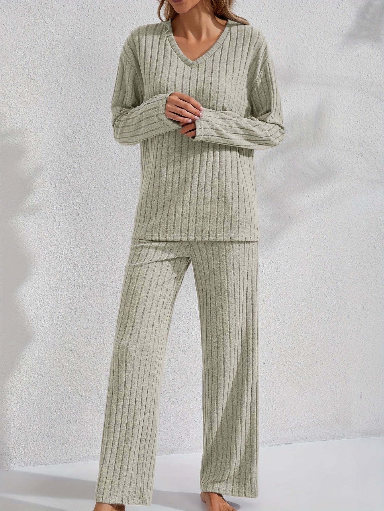 Women's rib-knit lounge set with V-neck long-sleeve top and wide-leg pants