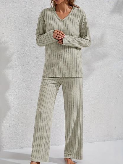 Women's rib-knit lounge set with V-neck long-sleeve top and wide-leg pants