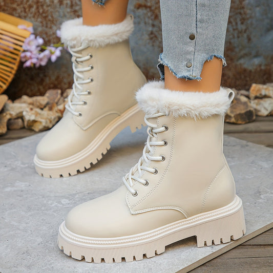Women's worker boots with faux-fur lining, lacing, and lug soles