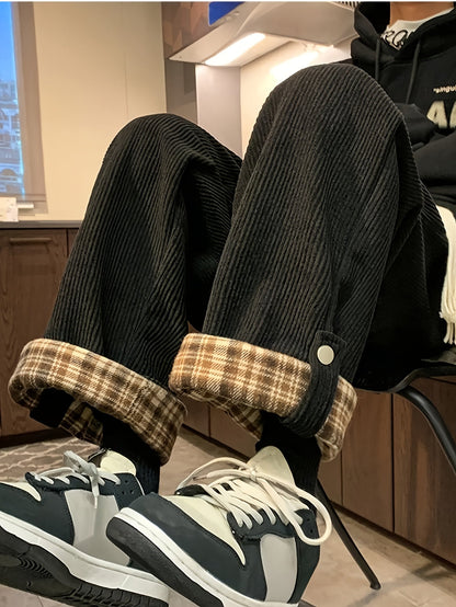 Corduroy trousers with a checked cuff – Wide fit, unisex