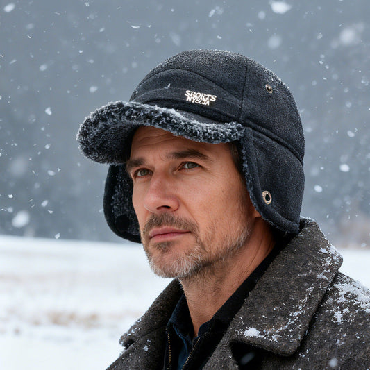 Men's winter hat with ear flaps, warm-lined gray cap