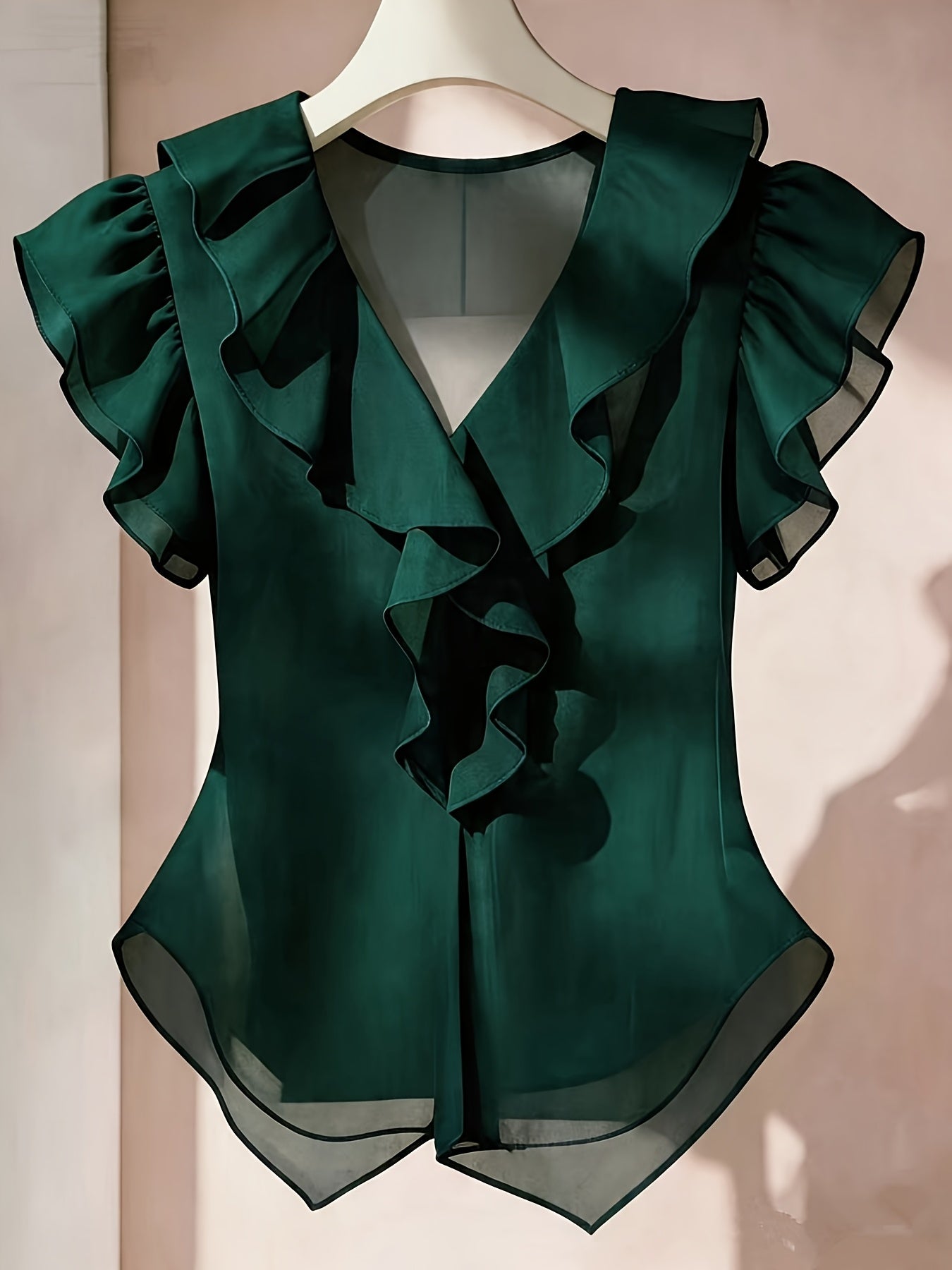 Women's blouse with ruffles and V-neck – Elegant frilled blouse for office and leisure
