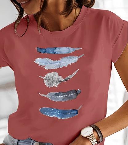 Damen T-Shirt mit künstlerischem Feder-Print, lässiges Design für Alltag und Freizeit