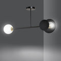 Zwarte plafondlamp met een witte glazen bol en een zwarte schijfkap rond een lichtgevende lamp