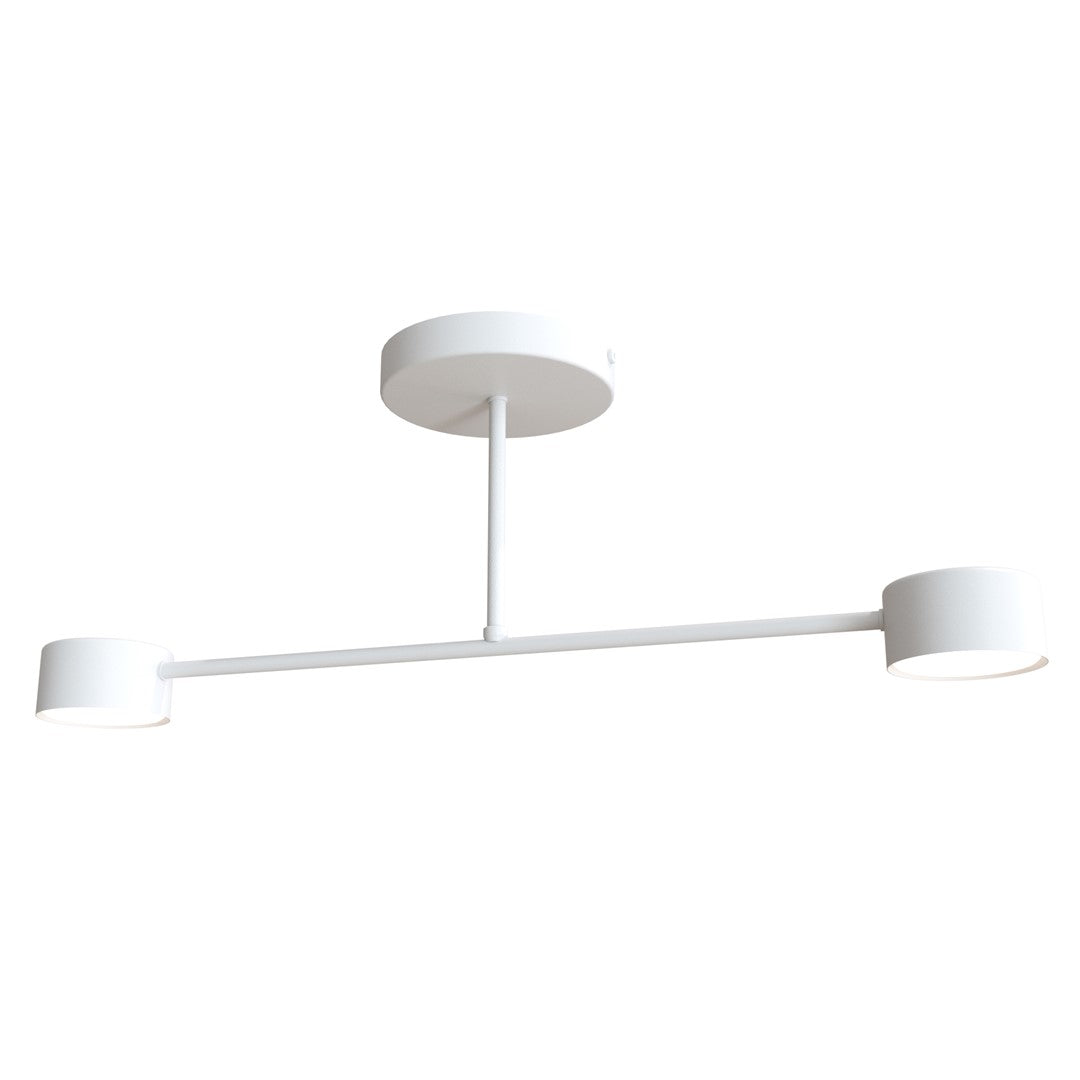 Witte plafondlamp met ronde rozet, korte stang en horizontale arm met twee ronde spots