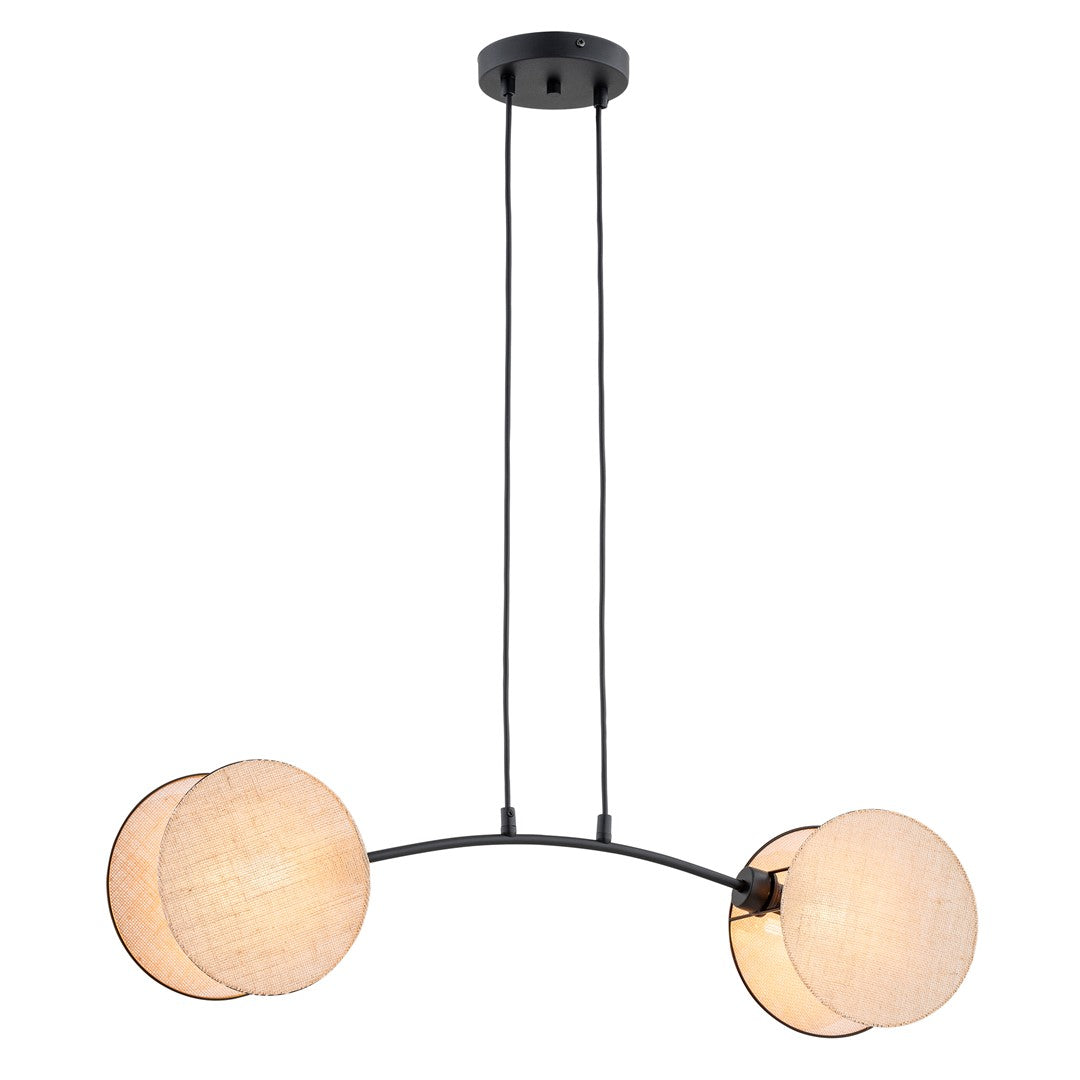 Zwarte hanglamp met gebogen stalen balk en twee ronde beige stoffen lampenkappen aan twee ophangsnoeren